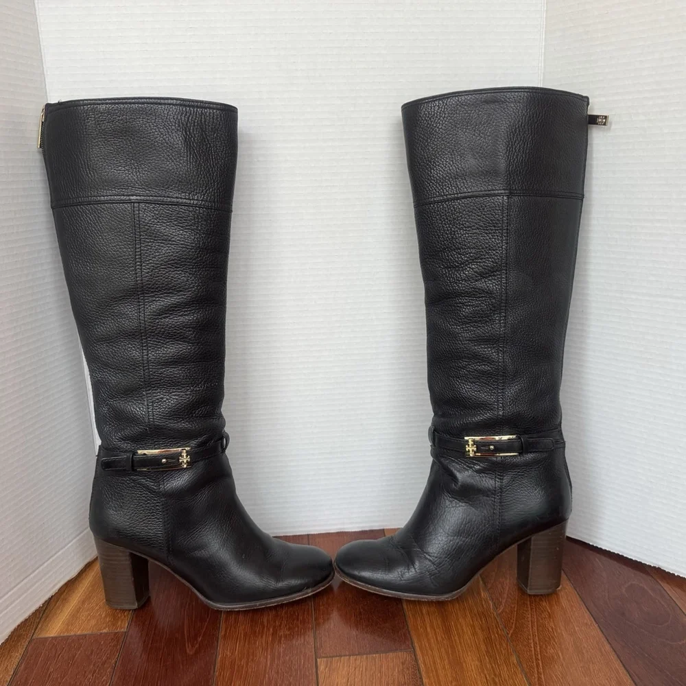 Tory Burch Jenna Leather Knee High Riding Boots Size:8 Black Square Toe